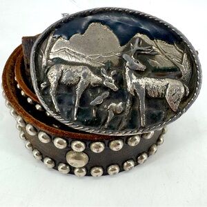 The Great American Buckle Company Vintage 80’s Deer Elk Brass Buckle Belt